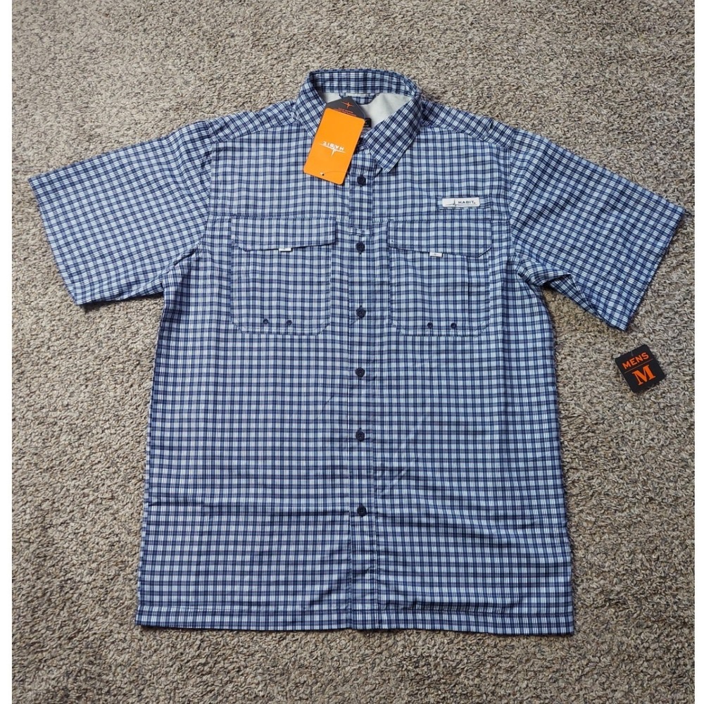Habit Fishing Shirt Mens M Blue Inshore Plaid Maritime Short Sleeve UPF 40+